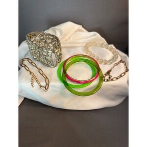 Vintage Rhinestone Cuff Bangle Paperclip Chain Iridescent Bead Bracelet Lot 7pc